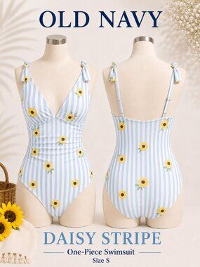NWT Old Navy OLX Daisy Stripe Deep V One Piece Swimsuit Coastal Blue S